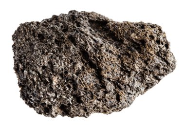 Jeolojik koleksiyondaki doğal taş örneklerini kapatın. Beyaz arka planda izole edilmiş kesilmemiş pumisit minerali.