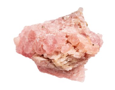 Jeolojik koleksiyondaki doğal taş örneklerini kapatın. Beyaz arka planda izole edilmiş ham kristal rodokrosit minerali.