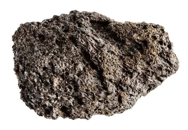 Jeolojik koleksiyondaki doğal taş örneklerini kapatın. Beyaz arka planda izole edilmiş kesilmemiş pumisit minerali.