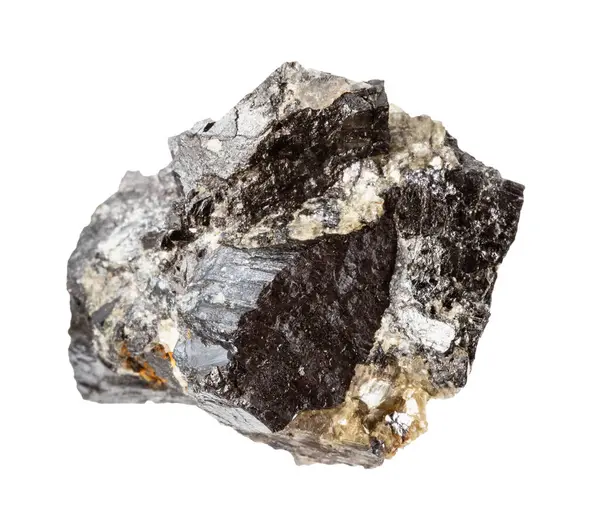 Jeolojik koleksiyondaki doğal taş örneğini kapatın. Beyaz arka planda izole edilmiş çiğ kurtframit minerali.