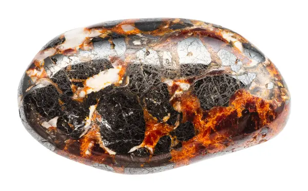 Jeolojik koleksiyondaki doğal taş örneklerini kapatın. Beyaz arka planda cilalanmış zincit ve franklinit minerali.