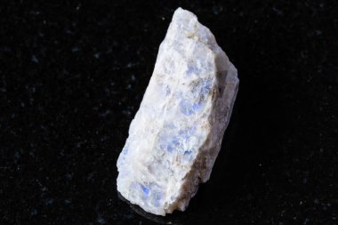 Kuzey Karelia, Rusya 'nın yakınlarındaki siyah granit arka planda ham belomorit ay taşı minerali örneği