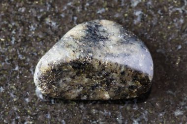 Rusya, Karelia 'daki siyah granit arka planda devrilmiş diyorit minerali örneği