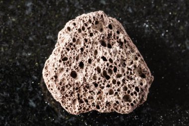 Siyah granit arka planda kaba kahverengi sünger taşı minerali örneği yakın plan