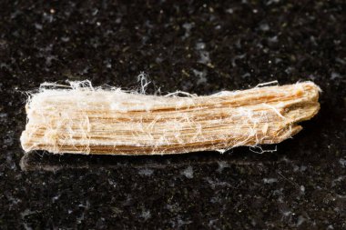 Kanada, Quebec 'ten yakın arkaplanda siyah granit zemin üzerinde sert asbest taşı örneği