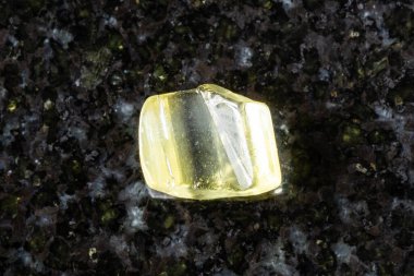 Transbaikalia, Sherlovaya Gora, Rusya yakınlarındaki siyah granit arka planda parlayan sarı beril kristali örneği.