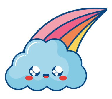 Kawaii bulutu ve gökkuşağı beyaz üzerine