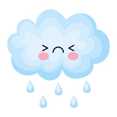 Beyaz üzerine yağmur yağan kawaii bulutu