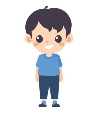 Neşeli çocuk ayakta gülümsüyor ve beyaz üzerinde eğleniyor.