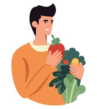 Bir adam taze sebzeli salatayı beyazın üstünde tutuyor.