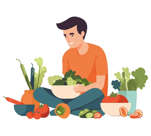 Muž Drží Salát Čerstvou Zeleninou Nad Bílou — Stockový vektor