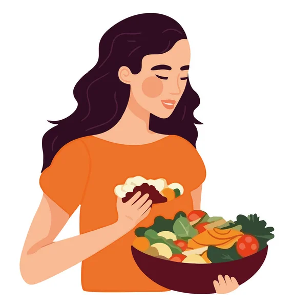 Woman Delicious Vegetarian Salad White — Stock Vector