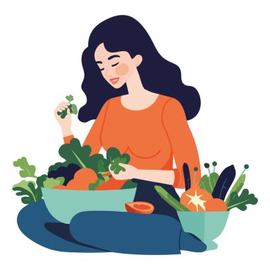 Sepetinde meyve ve sebze olan bir kadın.