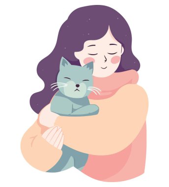 Sevimli çizgi film kedisi, beyaz yerine aşık bebeği kucaklıyor.