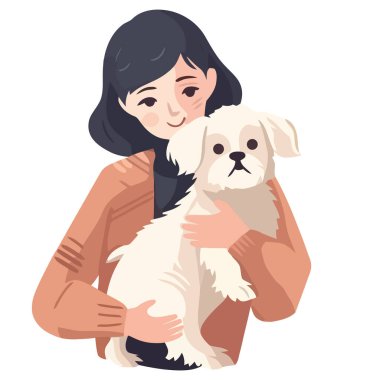 Beyaz köpek yavrusu kucağında oturuyor.