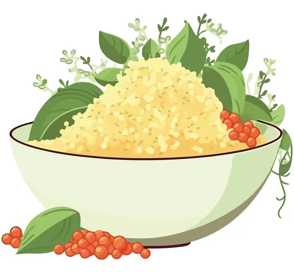 Υγιές Μπολ Ρύζι Και Φύλλα Πάνω Από Λευκό — Διανυσματικό Αρχείο