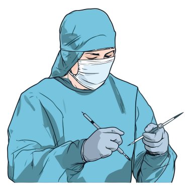 Mavi şapkalı uzman cerrah beyazın üzerinde ameliyat yapıyor.