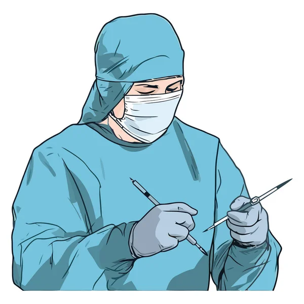 Cirurgião Especialista Boné Azul Realiza Cirurgia Sobre Branco — Vetor de Stock