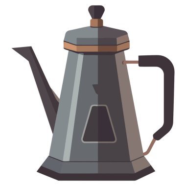 Metalik kahve demliği, sapı beyaz üzerine dizayn edilmiş.