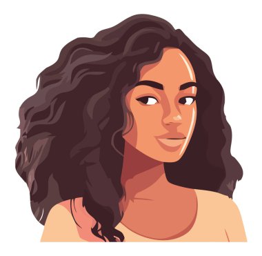 Kıvırcık kahverengi saçlı, beyaza gülümseyen genç bir kadın.