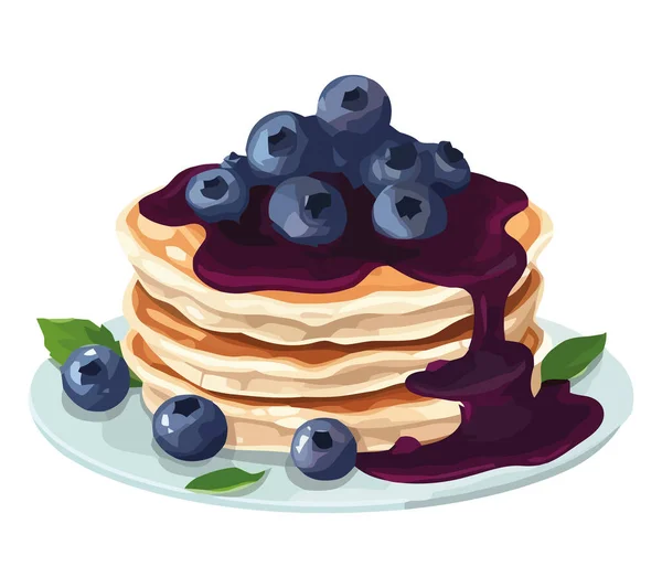 蓝莓煎饼夹杂着新鲜的水果和糖浆 盖在白色的上面 — 图库矢量图片
