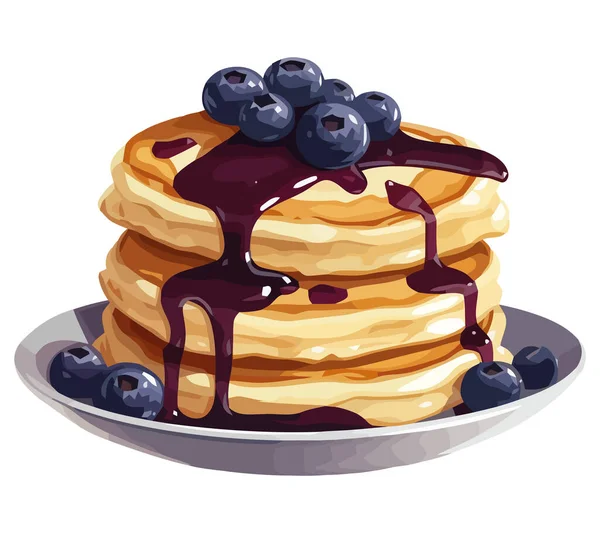 Tumpukan Pancake Blueberry Dengan Sirup Madu Atas Putih - Stok Vektor