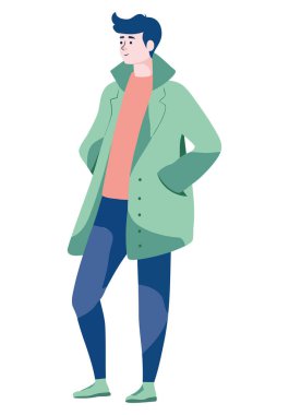 Modern kışlık ceketli şık bir adam beyazın üzerinde duruyor.