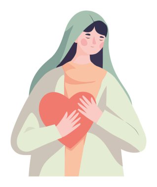 Kadın beyaz bir kalbe sarılıyor.