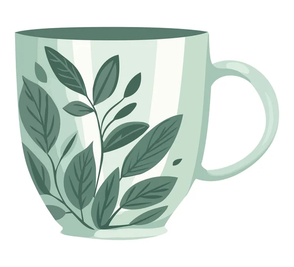 Green Mug Leaves White — Stock Vector