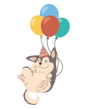 Parti şapkası ve balonlarıyla izole edilmiş çizgi film köpeği.