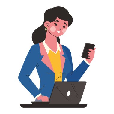 Girişimci kadın ayakta duruyor ve telefonu tek başına tutuyor.