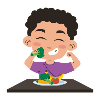 İzole edilmiş vejetaryen yemekleri yiyen küçük çocuk