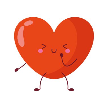 Neşeli bir kırmızı kalp karakteri, büyük bir gülümsemesi ve mutlu bir ifadesi var.