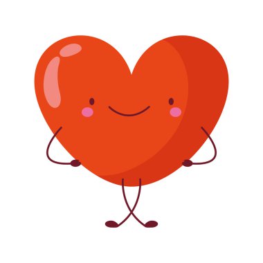 Neşeli bir kırmızı kalp karakteri, büyük bir gülümsemesi ve mutlu bir ifadesi var.