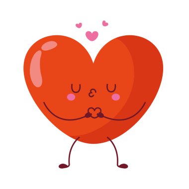Yüzü kızaran kırmızı bir kalp karakteri, tatlı bir ifade ve yukarıda yüzen kalpler