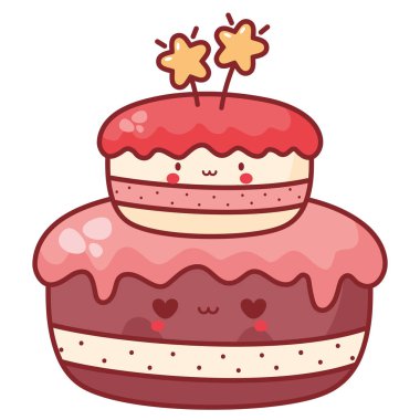 Çizgi film tarzında kremalı ve dekoratif kaplamalı katmanlı çikolatalı pasta.