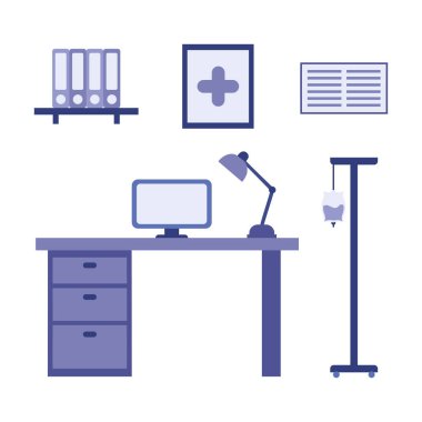 Tıbbi duvar dolapları ve düzenli tedavi alanı olan bir doktor odası.