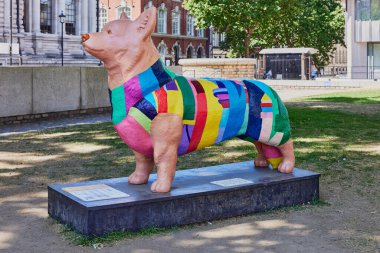 Westminster Katedrali yakınlarındaki bir parkta çok renkli bir Corgi köpeği.