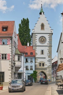 Constance Gölü 'ndeki Ueberlingen, eski kasabadaki cennet gibi bir sokak. Baden-Wuerttemberg, Almanya, Avrupa