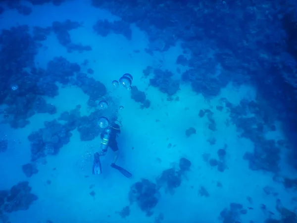 潜水时在水里潜水的单个潜水员 其气泡很大 — 图库照片