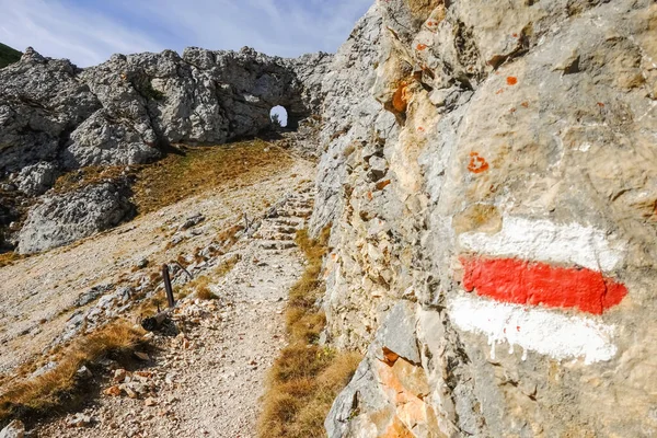 オーストリアでのハイキング中に岩だらけの道を歩くと — ストック写真