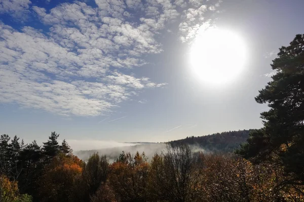 Strahlende Sonne Himmel Mit Bunten Bäumen Beim Wandern Herbst — Stockfoto