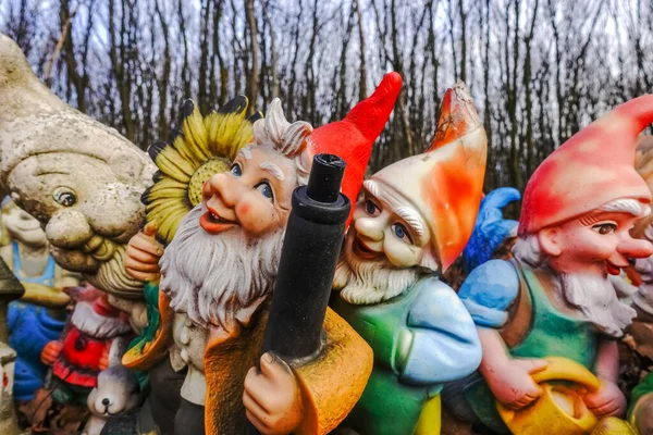 Colorful Garden Gnomes Gun Place Forest Hiking — Stock Photo, Image