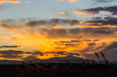 Gün batımında düz bir arazide gökyüzünde inanılmaz renkli bulutlar
