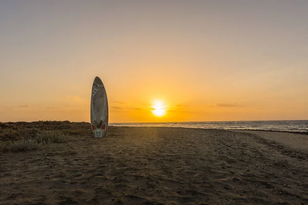 日出后 风帆冲浪板卡在红海的沙滩上 — 图库照片