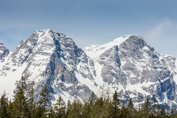 Alte Montagne Rocciose Innevate Con Alberi Vista Cielo Blu Dettaglio — Foto Stock