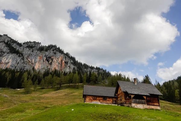 Cabanas Alpinas Arborizadas Prado Verde Com Montanhas Nuvens Céu Azul — Fotografia de Stock