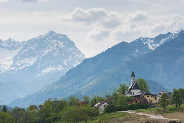 Village Church High Snowy Mountains Austria Stock Picture