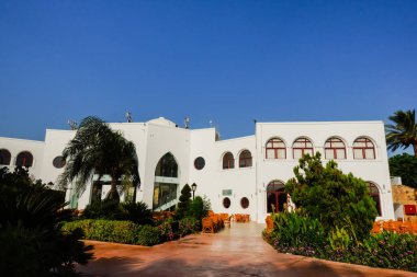 Mavi gökyüzü beyaz evlerin üzerinde bir bar ve Mısır 'da bir sürü bitki var.