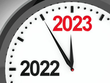 2022-2023 yılları arasındaki siyah saat 2023 yılını temsil ediyor. Üç boyutlu çizim, üç boyutlu illüstrasyon.